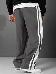 Manfinity Homme Plus Size Striped Drawstring Casual Loose Straight Pants, Versatile For Daily Wear - Grey - View 2