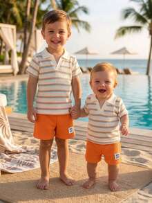 SHEIN Playful Pals 2件組男嬰米色夏季休閒度假風復古時尚POLO領撞色條紋短袖套裝，適合派對與外出 - 橘色 - 查看 3