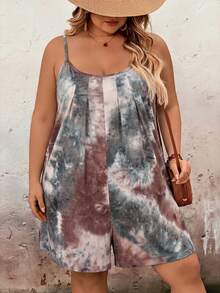SHEIN CURVE+ CURVE PLUS 女士扎染褶皱休闲连体裤，吊带设计，适合夏季穿着，尺码齐全，Hoho Vacationbeach 女装/沙滩裙/海滩度假装/海滩必备单品/毕业典礼/下午茶派对礼服 - 彩色 - 查看 4
