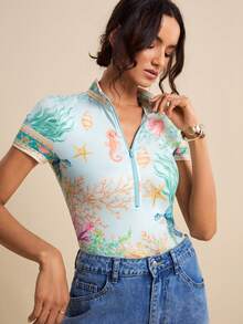 LOTSLUV Body de manga corta con cuello en V con estampado de tortuga marina, algas y conchas marinas azul y verde para mujer, ideal para vacaciones de primavera/verano - Azul - Ver 6