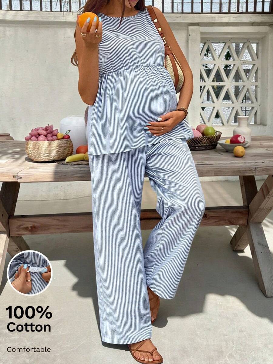 SHEIN Bộ đồ bầu dáng rộng thoải mái, thích hợp đi nghỉ mát và đi làm, gồm áo babydoll không tay in sọc và quần ống rộng, thích hợp cho mùa xuân/hè. - Màu xanh lam - Xem 1