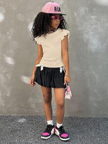 Coolane Kids 少女夏季街头风度假荷叶边纯白T恤 - 杏色 - 查看 4