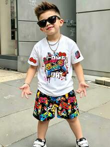 Boys' Casual Comfortable Stylish Video Game Graphic Print Short Sleeve T-Shirt And Shorts Set, Fashion Versatile, Spring/Summer, Summer Outfit, Suitable For Photography, Daily Wear, Outings, Holidays, Back To School, Gifts - Multicolor - View 8