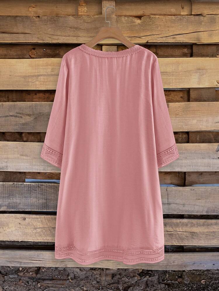 Plus Size Women's Casual Solid Color Loose Lace Patchwork Jacket, Summer,Summer Outfit For Women ,Country Style For Women