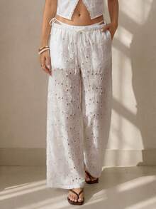 SHEIN ICON White Flower Summer Boho Vacation Holiday Women Elegant Formal Loose Flare Leg Fashionable Business Casual Streetwear Retro Pants Beach - White - View 8