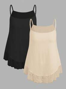 SHEIN EZwear 两件套休闲简约蕾丝性感黑色和杏色加大码吊带背心套装，适合春夏穿着 - 彩色 - 查看 2