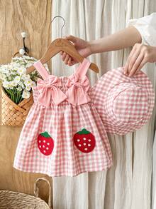 SHEIN Vintaside Kids 两件装女婴/幼儿柠檬印花吊带连体衣连衣裙，含帽子，休闲舒适，可爱百搭，适合日常穿着、度假和玩耍 - 彩色 - 查看 3