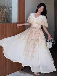 Modelyn Đầm chiffon in hoa, cổ chữ V, thiết kế kiểu khăn choàng, thắt eo, dáng xòe dành cho nữ. - màu xanh lá - Xem 4
