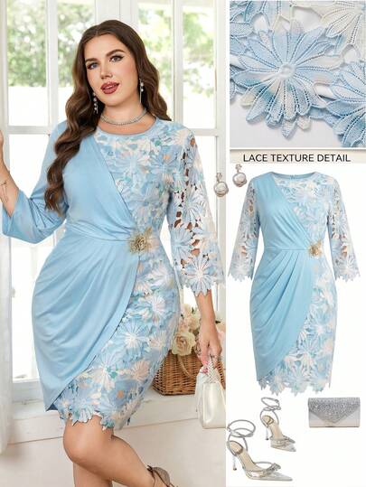Ellevyn Plus Size Elegant Floral Lace Patchwork Wrap Dress  Summer Dress Spring Dress  Festival Dresses  Easter Dress Elegant Dresses  Elegant Party Dresses  Beach Dress Wedding Guest Dress For Women  Wedding Party Dress Bridesmaid Dress  Graduation Dress Graduation Outfit For Mother  Casual Dress Vacation Dresses   Holiday Dresses  Formal Dress Blue Lace Dress, Contrasting Fabrics, Elegant Dress, Suitable For Birthday Parties And Weddings.