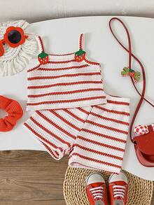 2pcs Baby Girls Sleeveless Red And White Stripe Top,Strawberry Embroidery Decor,Elastic Waist Shorts,Summer Cute Vacation Casual Sweet Set For Daily - Red and White - View 4