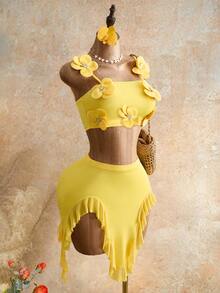 Mistrie Summer New Lemon Yellow 3D Floral Decor Spaghetti Strap Top & Asymmetrical Ruffle Hem Split Skirt 2-Piece Outfit,Casual Holiday Vacation Set  Party - Yellow - View 3
