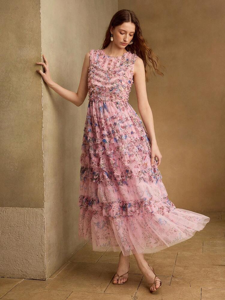 WOMEN'S ROUND NECK MESH PRINTED WAIST FLARED DRESS, ROMANTIC STYLE, SPRING/SUMMER