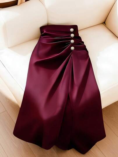 Franclia New Arrival Ruched Waist Burgundy Pleated Slit Hem Skirt, Elegant Long Skirt For Women, Suitable For Summer Holiday