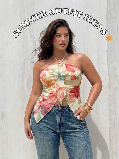 Auralis Áo croptop không dây in hoa mới với khóa kim loại hình vỏ sò, kiểu dáng thường ngày, gợi cảm cho kỳ nghỉ / Áo camisole không dây viền ôm sát / Áo quây lưới xuyên thấu / Màu vàng nhạt