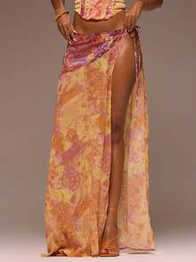 MUSERA Contrast Printed Chiffon Tie Side Flowy Maxi Skirt Only Girly Spring Summer Vacation Night Out Cute Occassion Golden Sands - Multicolor - View 2