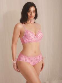 DelicateAllure Pink Underwire Molded Cup High Support Gather Lift Plaid All-Over Print Bow Cute Uplift Push Up Comfy Balconette Bra & Panty Set For Women - Pink - View 4