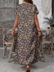 Plus Size Ditsy Floral Round Neck Casual Short Sleeve Dress - Multicolor - View 7