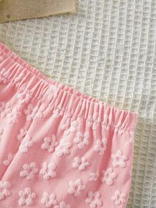 SHEIN Babygirl Casual Cute Yellow Textured Floral Pattern Ruffle Hem Tank Top And Shorts Set - Pink - View 5