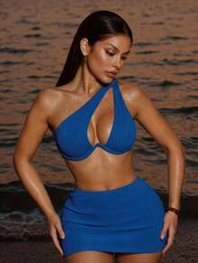 SHEIN Swim 羅紋比基尼套裝鏤空鋼圈文胸和高衩下裝和沙灘裙3入組泳衣 - 寶藍色 - 查看 3