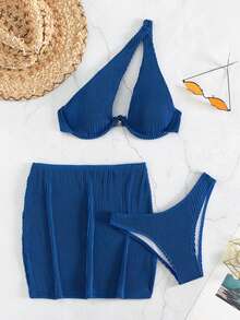 SHEIN Swim 羅紋比基尼套裝鏤空鋼圈文胸和高衩下裝和沙灘裙3入組泳衣 - 寶藍色 - 查看 5