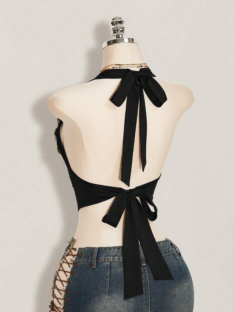 SHEIN ICON Y2K 夏季女士乡村外出俱乐部波西米亚风露背亮片装饰拼接图案吊带优雅吊带衫 - 黑色 - 查看 12