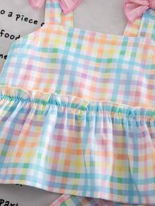 SHEIN Little Byeori 小女孩格子蝴蝶结装饰荷叶边上衣和阔腿裤休闲日常穿搭 - 彩色 - 查看 5