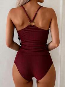 Swim Conjunto de tankini de traje de baño con parte superior sin mangas con cuello en V profundo y fruncido, y Bottom con cordón, para mujer.para viajes, vacaciones, piscina, pla - Azul - Ver 6