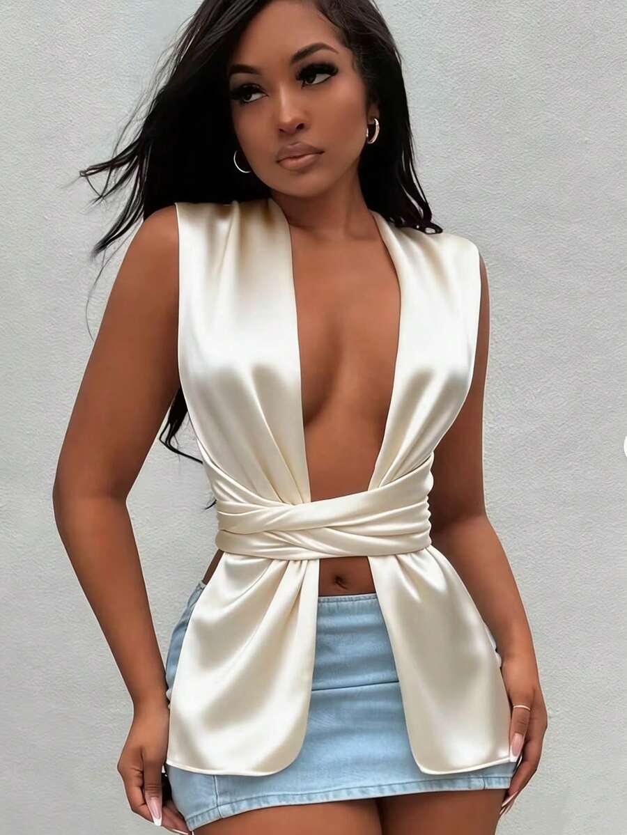 SHEIN BamGlam 新款性感镂空腰带衬衫 - 香檳色 - 查看 1