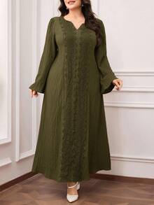 Al Najma Plus Size Women's Solid Color Long Sleeve Arabic Style Dress - Army Green - View 3
