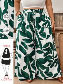SHEIN CURVE+ 大码女式条纹印花流苏系腰宽松阔腿夏季度假休闲裤波西米亚风 - 彩色 - 查看 1