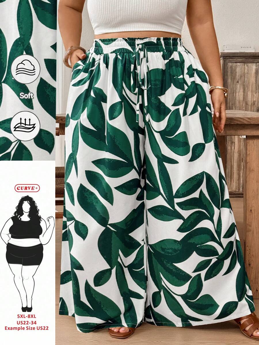 SHEIN CURVE+ 大码女式条纹印花流苏系腰宽松阔腿夏季度假休闲裤波西米亚风 - 彩色 - 查看 1