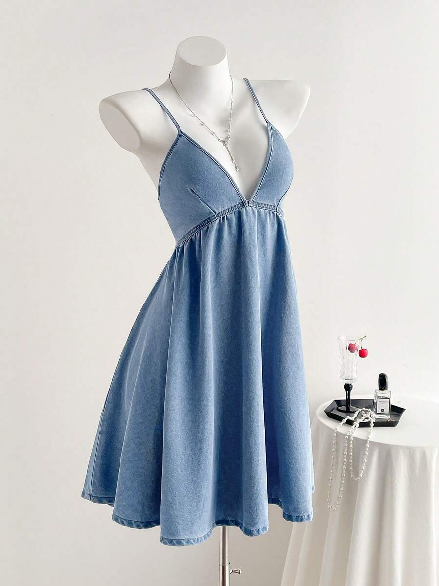SHEIN Women's Ruched Denim Spaghetti Strap Dress, Fashionable For Dates And Parties - Blue - View 1