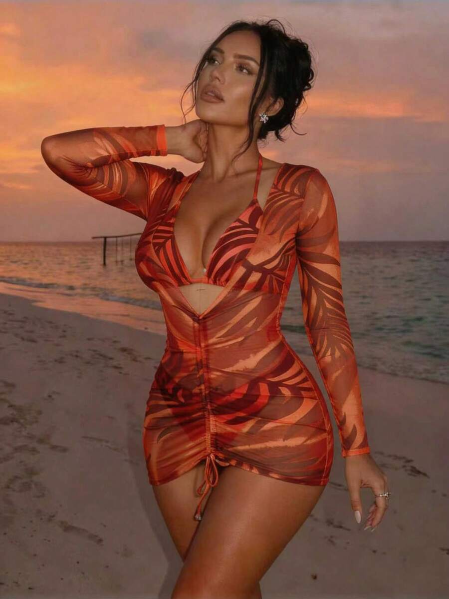 SHEIN Swim Conjunto De Bikini Impreso Tropical Aleatorio Con Taza Triangular Y Cubierta - Multicolor - Ver 1