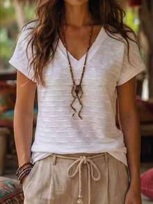 Zayélia Vacation Casual Versatile Solid Color Texture Short Sleeve T-Shirt - White - View 1