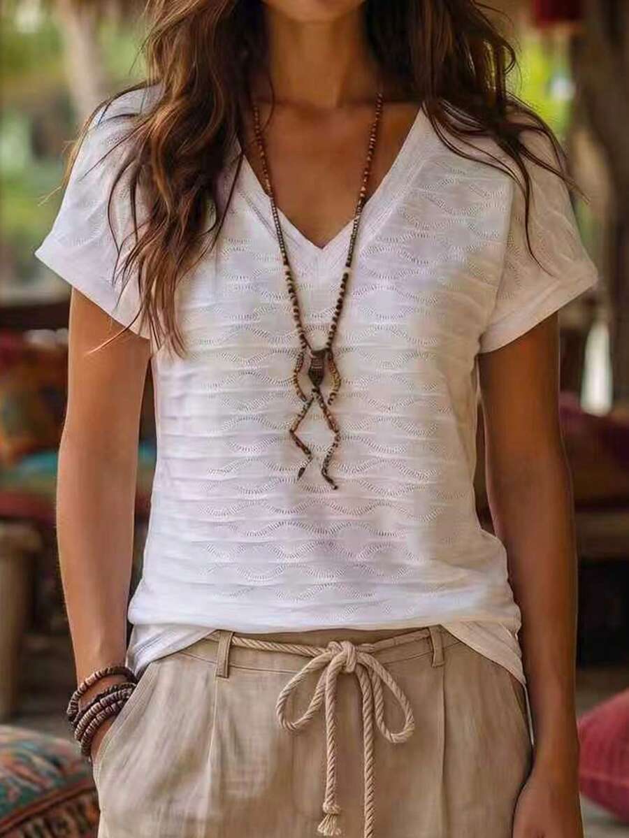 Zayélia Vacation Casual Versatile Solid Color Texture Short Sleeve T-Shirt - White - View 1
