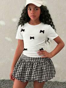 少女春季休闲圆领短袖蝴蝶结上衣，基础款针织弹力舒适格子泡泡裙 - 黑與白 - 查看 4