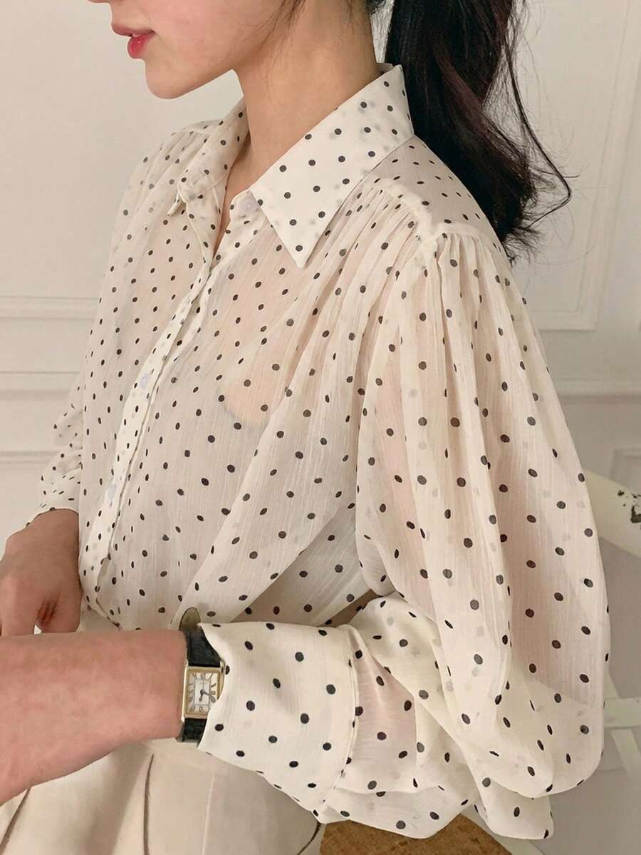 DAZY Women's Fashion Polka Dot Print Sheer Long Sleeve Blouse - White - View 1