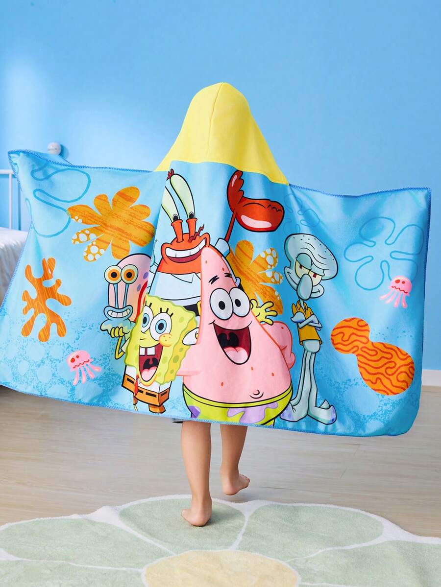 SpongeBob SquarePants | SHEIN 1 chiếc khăn tắm có mũ trùm đầu in hình hoạt hình dễ thương với họa tiết dưới biển, được làm từ chất liệu microfiber có khả năng thấm hút nước tốt, không xơ vải và thích hợp để tắm, bơi lội và sử dụng ở bãi biển. - Màu xanh lam - Xem 1