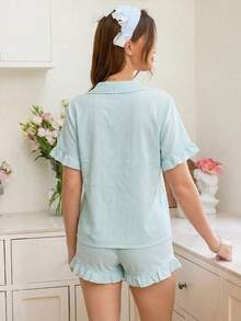 Snug Reverie Wave Striped Ruffle Sleeve Casual Short Sleeve & Shorts Pajama Set - Mint Green - View 2