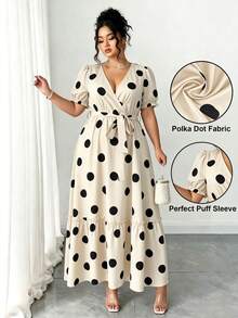 Vestido elegante de mujer con cuello en V, manga de pétalo con lunares y cintura con lazo, primavera/verano - Multicolor - Ver 6