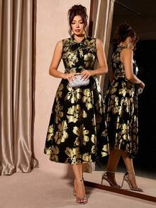 Cravure Plus Size Women's Elegant Party Floral Print Sleeveless Dress - Black - View 6