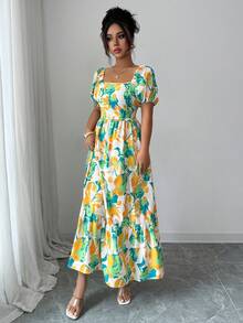 Women's Dress With Petal Sleeve Design, Square Neck And Fitted Waist With Print - Army Green - View 6