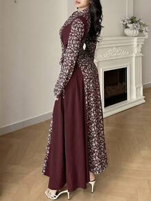 Yasmyna Conservative Casual Vacation Printed Patchwork Arabic Style Dress For Women - Burgundy - View 7