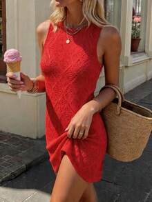 Cévolie Women's Casual Vacation Hollow-Out Knit Sleeveless Dress - Red - View 3