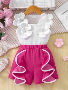 Girls' Sweet Design Set, Spring/Summer, 3D Flower Pearl Decor Sleeveless Top + Contrast Ruffle Hem Shorts, 2pcs Set, Casual, Party 7th Birthday - Hot Pink - View 6