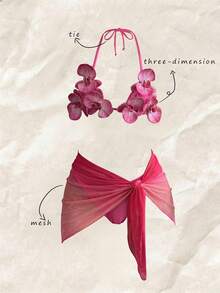 SHEIN Swim SXY Swim SXY-D Women's Solid Color Halter Neck 3D Floral Decor Sexy Bikini Set, Spring/Summer - Hot Pink - View 2