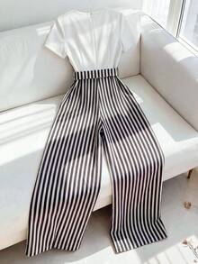 Franclia 女款黑白條紋連身褲，優雅夏季辦公寬腿連身褲，V領配色拼接腰帶長款連身褲，適合海灘與正式場合 - 黑與白 - 查看 2
