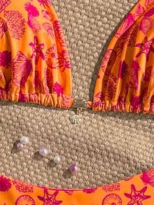 Swim Mod Plus Size Women Seashell Print Sweet Beach Vacation Bikini Set - Orange - View 3