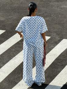 Muchica 女款藍色波點圖案休閒寬鬆T恤與長褲套裝，夏季女裝端莊套裝，女款兩件式休閒套裝 Ytk 衣物套裝 2 件套，女款兩件式套裝，女款兩件式套裝，女款兩件式套裝，女款休閒復古套裝，2025年女款套裝，女款度假套裝，女款日常套裝 - 藍色 - 查看 2