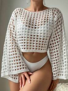 SHEIN Swim Phụ nữ cổ tròn tay áo loe khoét hở hàng đầu cho bãi biển mùa xuân/hè - trắng - Xem 6